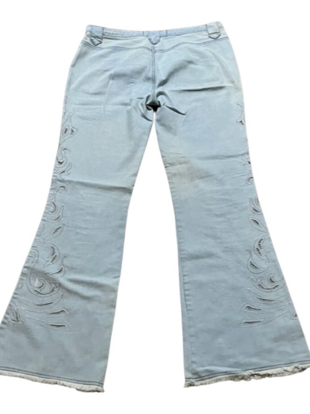 Duchesse Light Wash Distressed Bootcut Flare Stretch Jeans Floral Eyelet Size 11 - Picture 8 of 9